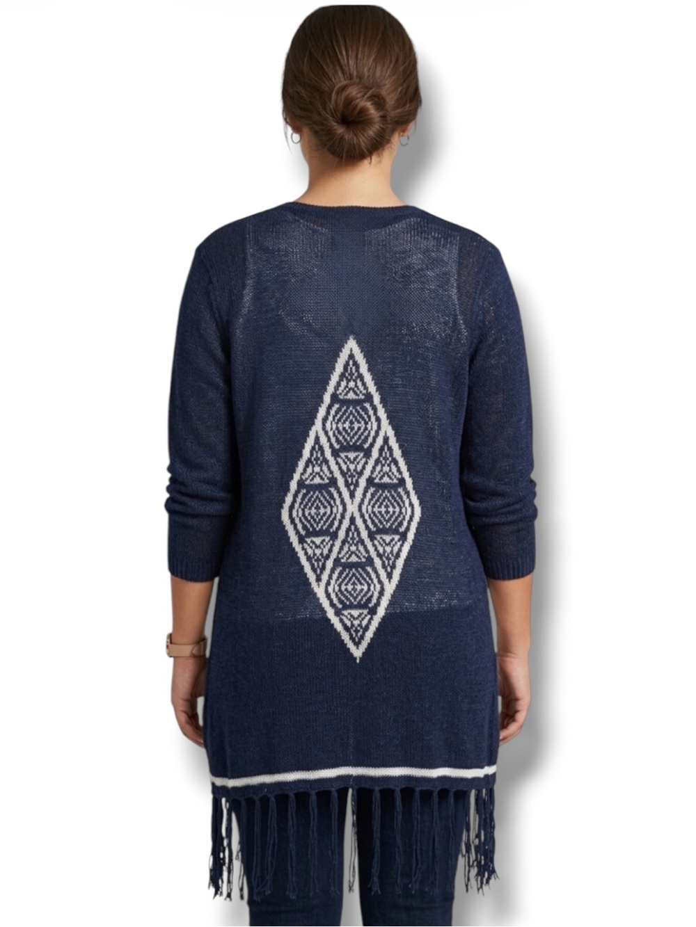 Joe Boxer NWT Boho Knit Fringe Cardigan Navy Geo Diamond Juniors 3X Fits L/XL
